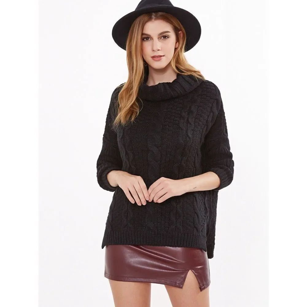 ✨Black Cable Knit Turtleneck High Low Sweater✨